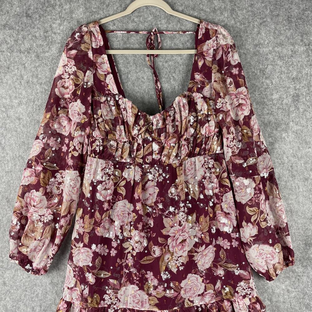 Altar'd State Sailor Tiered Maxi Dress Womens Medium Burgundy Floral Sequins - Picture 3 of 16